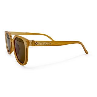 Brown sunglasses with 'Aremoda' branding on a white background