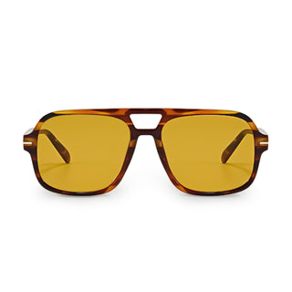 Sunglasses with tortoiseshell frame and mustard yellow lenses on a white background