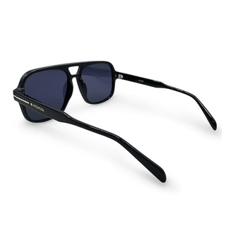Black sunglasses with dark lenses on a white background