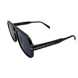 Black sunglasses with a brand logo on a white background
