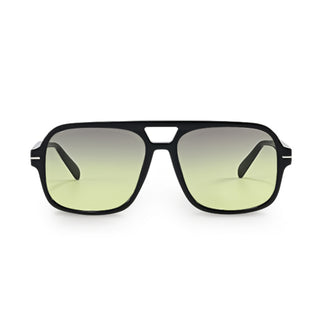 Sunglasses with black frame and gradient green lenses on a white background