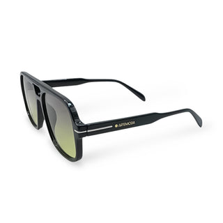 Sunglasses with black frame and gradient green lenses on a white background