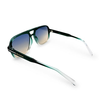 Sunglasses with green frame and gradient lenses on a white background