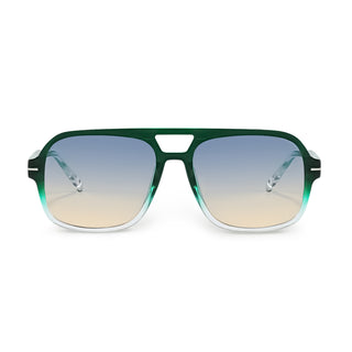 Sunglasses with green frame and gradient lenses on a white background