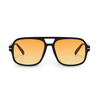 Sunglasses with black frame and yellow orange lenses on a white background
