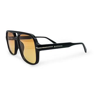Black sunglasses with gold lenses on a white background