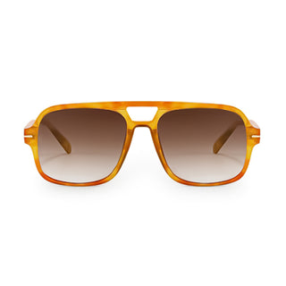 Sunglasses with orange tortoiseshell frame and brown gradient lenses on a white background