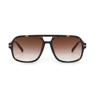 Sunglasses with tortoiseshell frame and brown gradient lenses on a white background