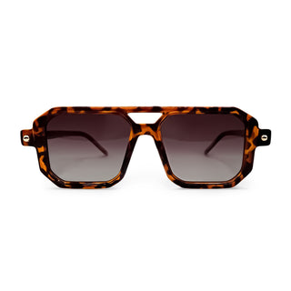 Sunglasses with tortoiseshell frame and dark lenses on a white background