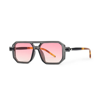 Sunglasses with a black frame and pink lenses on a white background