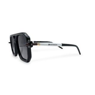 Black sunglasses with a brand name on a white background