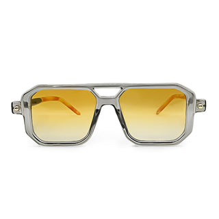 Sunglasses with gold gradient lenses and silver frame on a white background