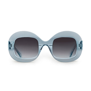 Light blue sunglasses with dark lenses on a white background