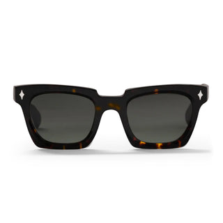 Sunglasses with tortoiseshell frame and dark lenses on a white background