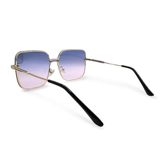 Sunglasses with gold frame and pink lenses on a white background