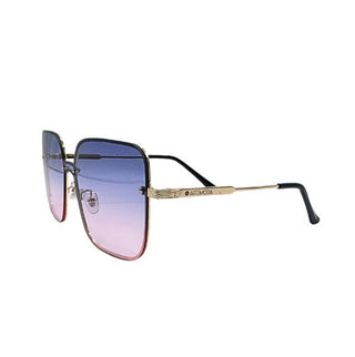 Sunglasses with gradient purple lenses and gold frame on a white background
