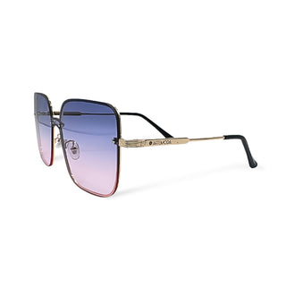 Sunglasses with pink gradient lenses and gold frame on a white background