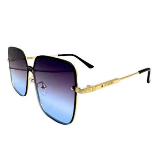 Sunglasses with gold frame and blue gradient lenses on a white background