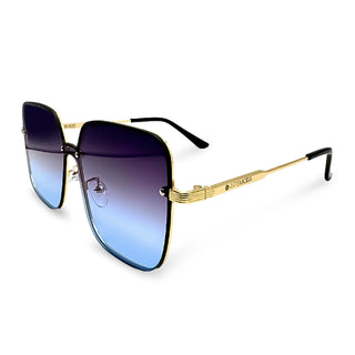 Sunglasses with gold frame and blue gradient lenses on a white background