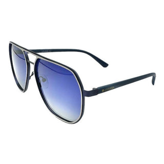 Black and blue aviator sunglasses with gradient lenses on a white background