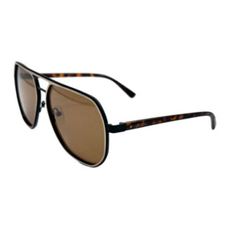 Sunglasses with black frame and brown lenses on a white background