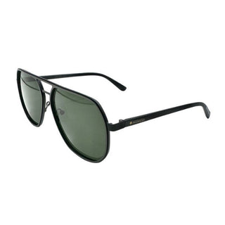 Black sunglasses with green lenses on a white background
