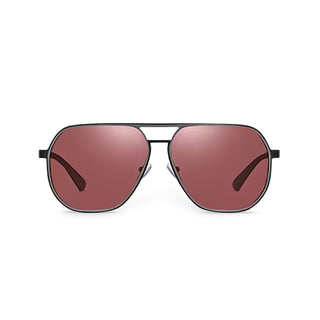 Aviator sunglasses with red lenses and black frames on a white background