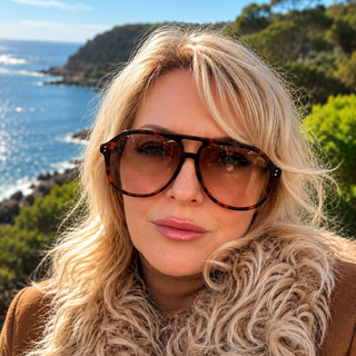 A close-up portrait of a woman with blonde hair wearing oversized dark brown tortoiseshell sunglasses and a beige curly faux-fur collar, set against a scenic coastal background with blue ocean and green cliffs.