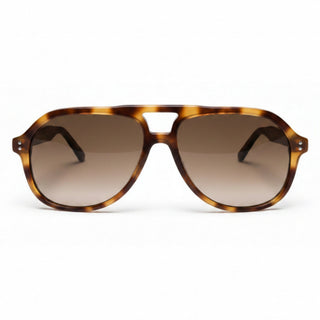 A pair of aviator-style sunglasses with a tortoiseshell frame and gradient brown lenses, shown from the front on a white background.