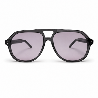 A pair of aviator-style sunglasses with a thick grey frame and light purple-tinted lenses, shown against a plain white background.