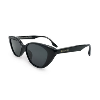 Black sunglasses with a brand logo on a white background