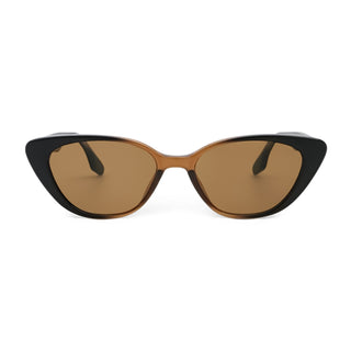 Cat-eye sunglasses with black and brown frame and brown lenses on a white background