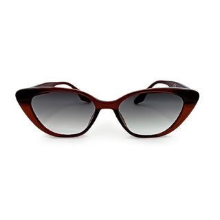 Cat-eye sunglasses with red brown frame and gradient lenses on a white background