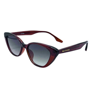 Sunglasses with a maroon frame and gradient lenses on a white background