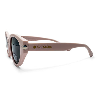 Pink sunglasses with 'Artemoda' branding on a white background