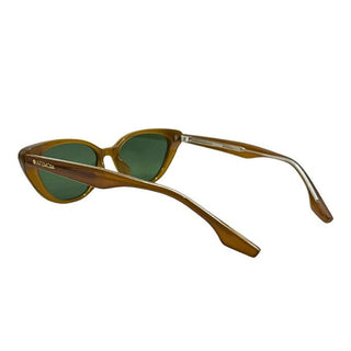 tan cateye sunglasses with green lenses