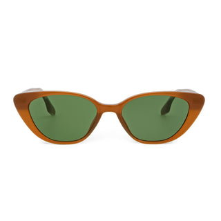 Cat-eye sunglasses with amber brown frame and green lenses on a white background