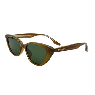 Tan cat-eye sunglasses with green lenses