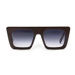 Sunglasses with a dark brown frame and gradient lenses on a white background