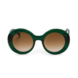 Green round sunglasses with brown gradient lenses on a white background