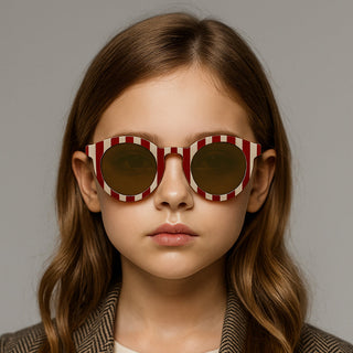 Young girl wearing red and white striped sunglasses against a gray background