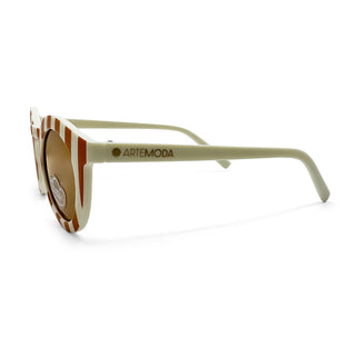 Sunglasses with a beige frame and brown lenses on a white background
