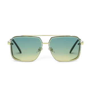 Gold-framed sunglasses with green-tinted lenses on a white background