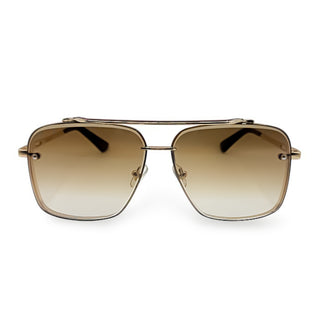 Gold-framed sunglasses with brown gradient lenses on a white background