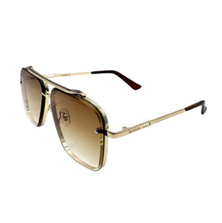 Gold-framed sunglasses with brown gradient lenses on a white background