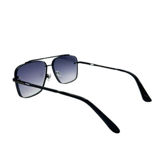 Sunglasses with black frame and gradient lenses on a white background