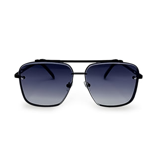 Sunglasses with black frame and gradient lenses on a white background