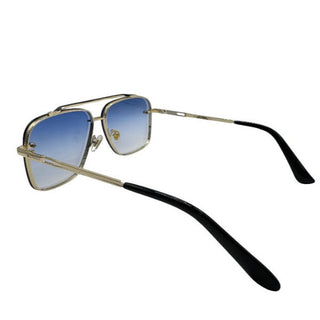 Sunglasses with gold frame and blue lenses on a white background
