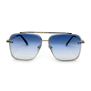 Sunglasses with blue gradient lenses and gold frame on a white background