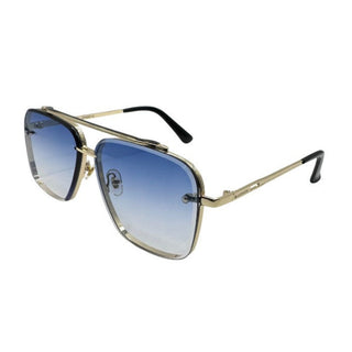 Gold-framed sunglasses with blue gradient lenses on a white background